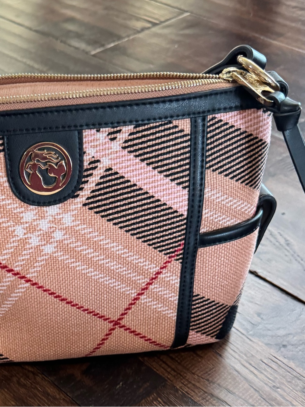 Spartina 449 Peach Black Plaid Shoulder Bag with Black Leather Trim - Picture 16 of 16